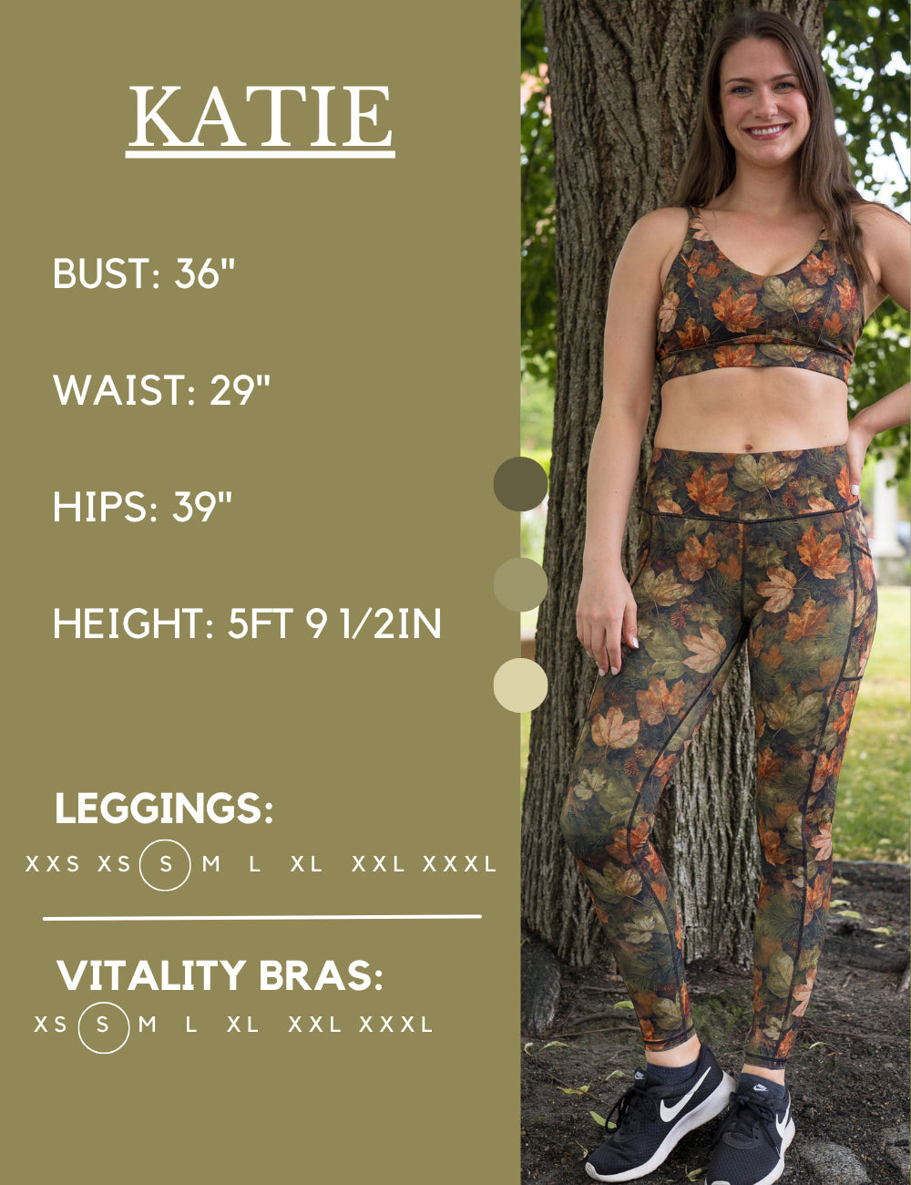 Model’s measurements of 36” bust, 29” waist, 39” hips and height of 5 ft 9 1/2 inches. She is wearing a size small in our leggings