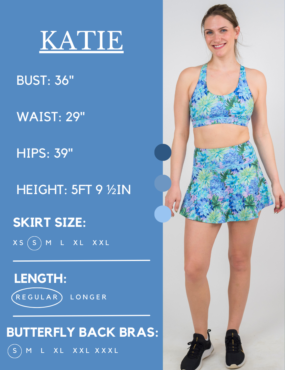Model’s measurements of 36” bust, 29” waist, 39” hips and height of 5 ft 9 1/2 in. She is wearing a size small in the skirt