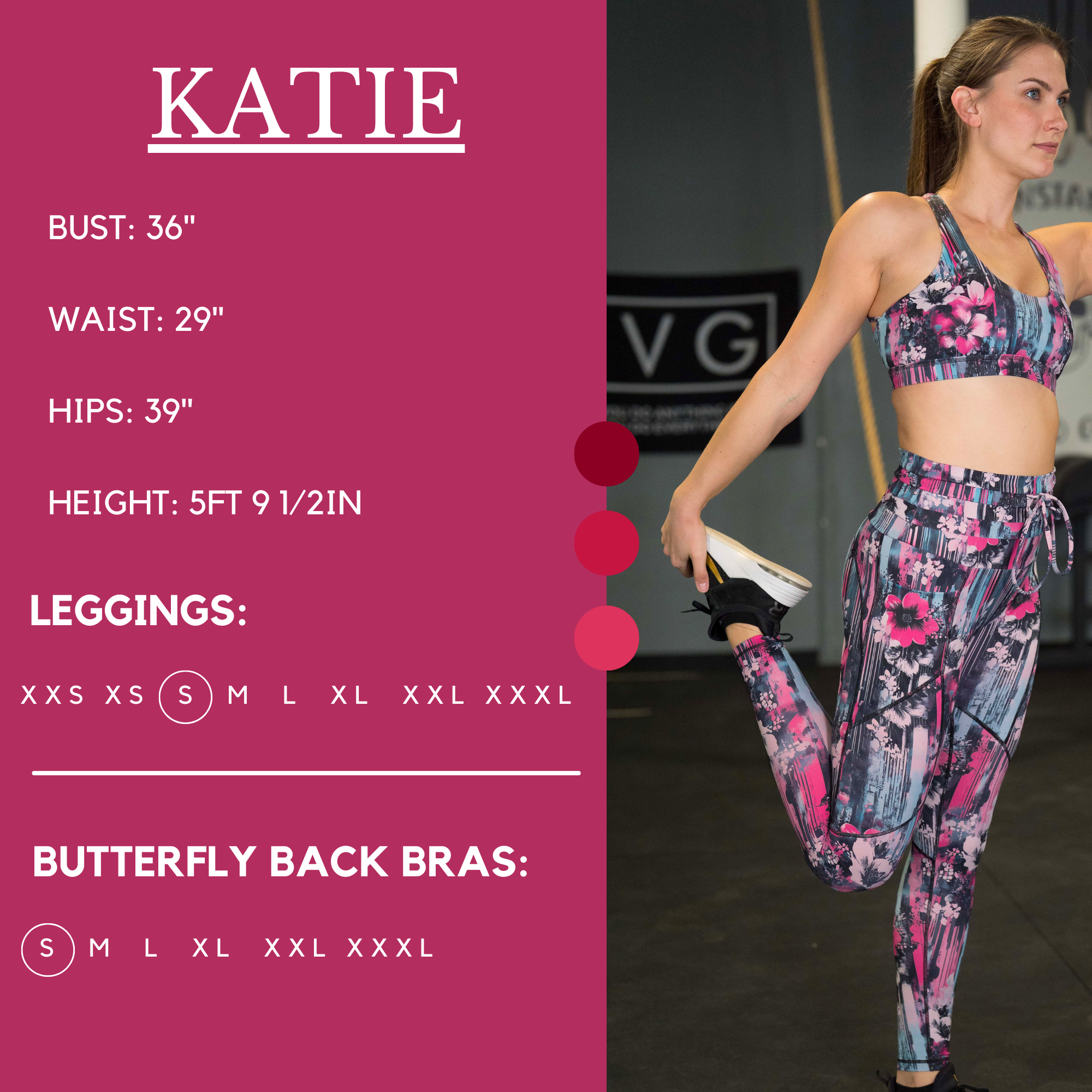 Model’s measurements of 36” bust, 29” waist, 39” hips and height of 5 ft 9 1/2 inches. She is wearing a size small in our leggings