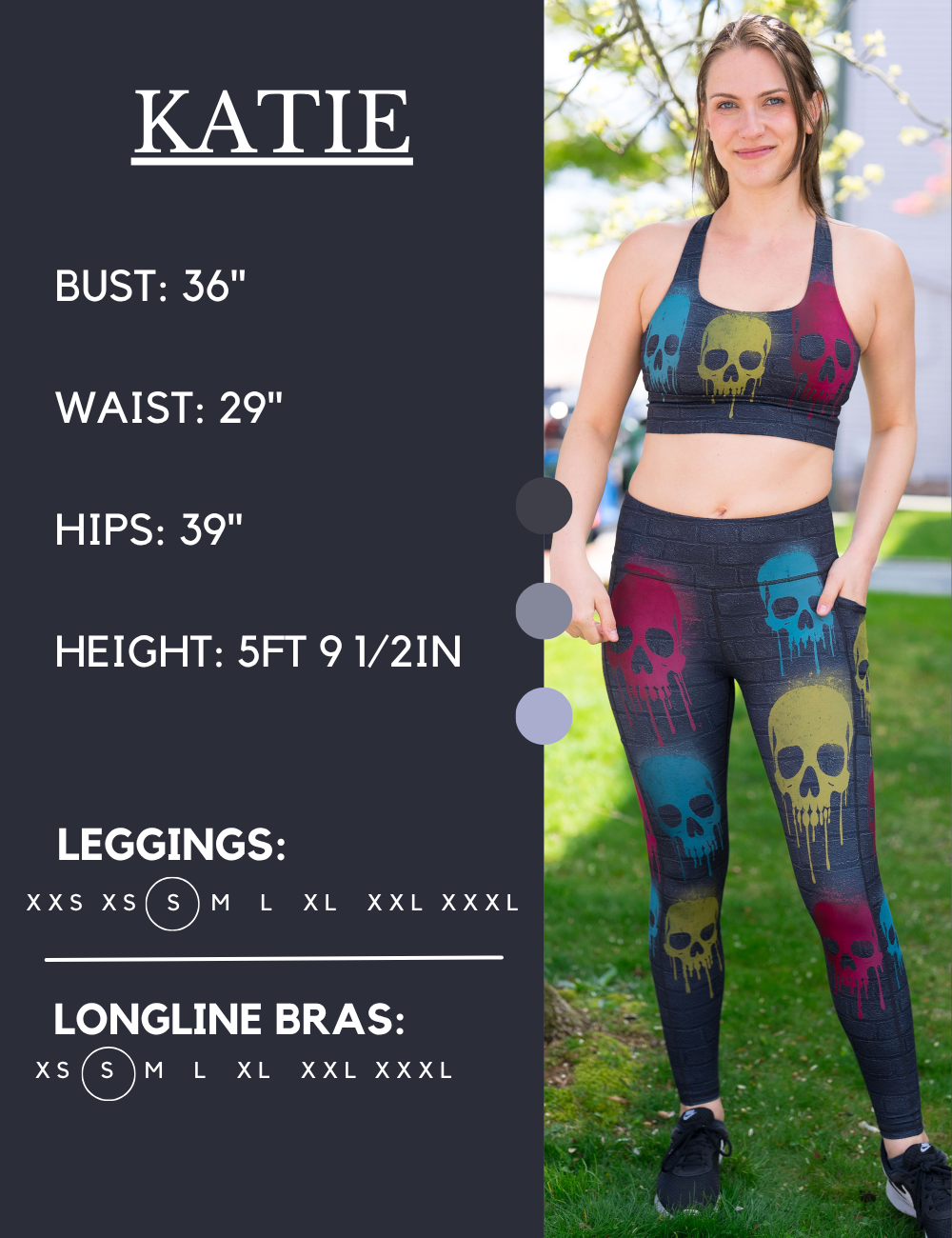 Model’s measurements of 36” bust, 29” waist, 39” hips and height of 5 ft 9 1/2 inches. She is wearing a size small in our leggings