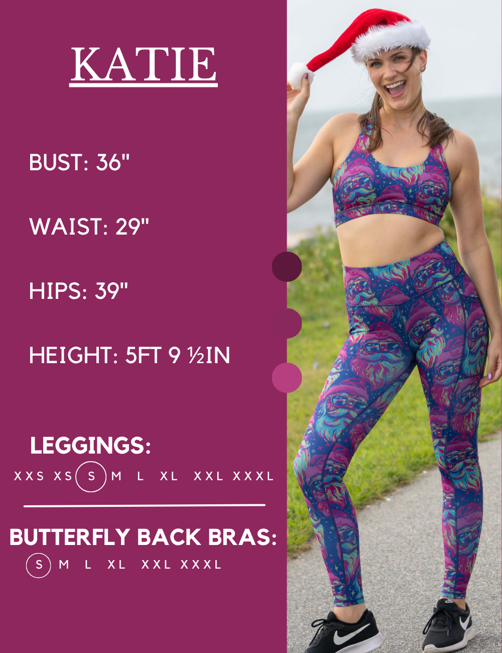 Model’s measurements of 36” bust, 29” waist, 39” hips and height of 5 ft 9 1/2 inches. She is wearing a size small in our leggings