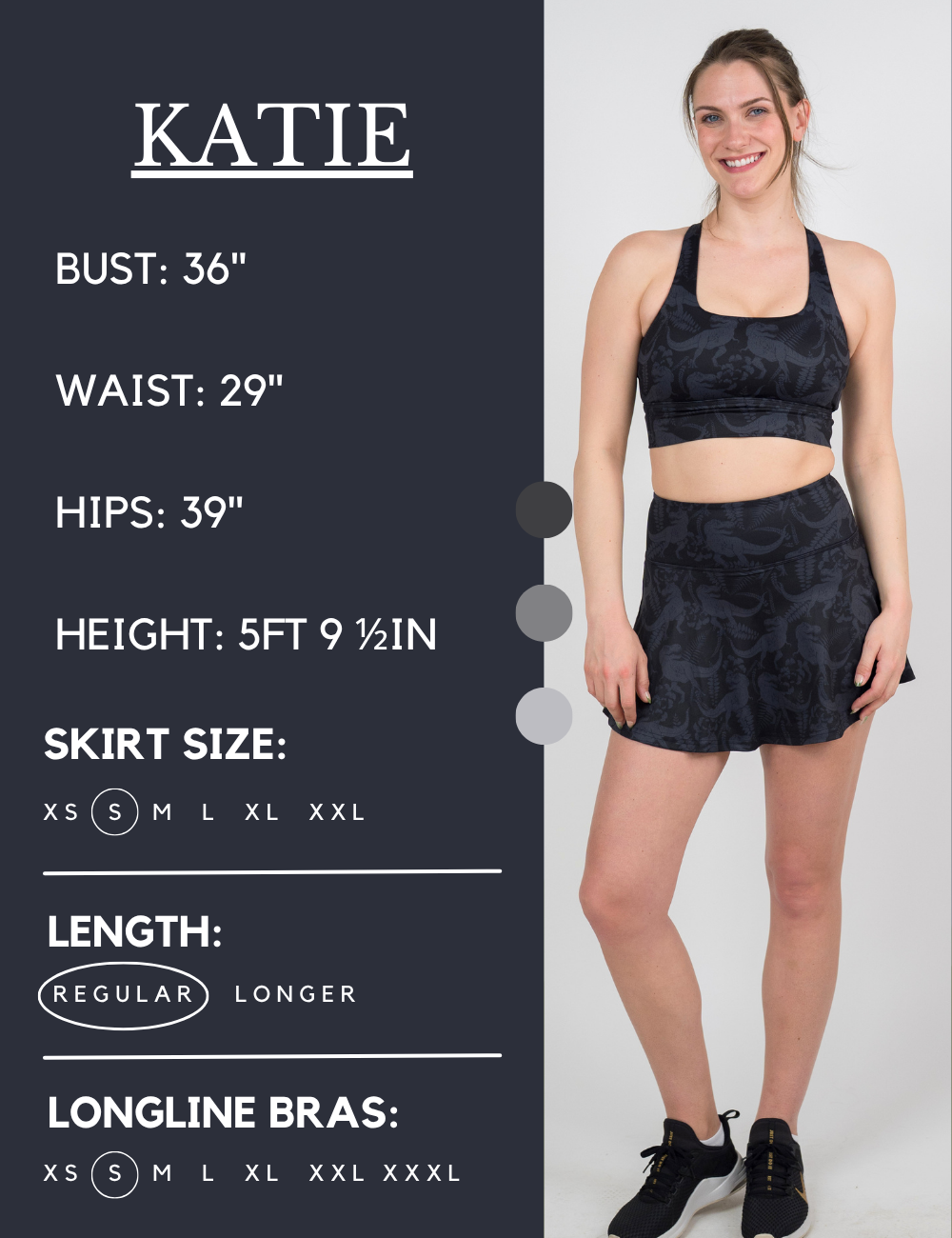 Model’s measurements of 36” bust, 29” waist, 39” hips and height of 5 ft 9 1/2 in. She is wearing a size small in the skirt