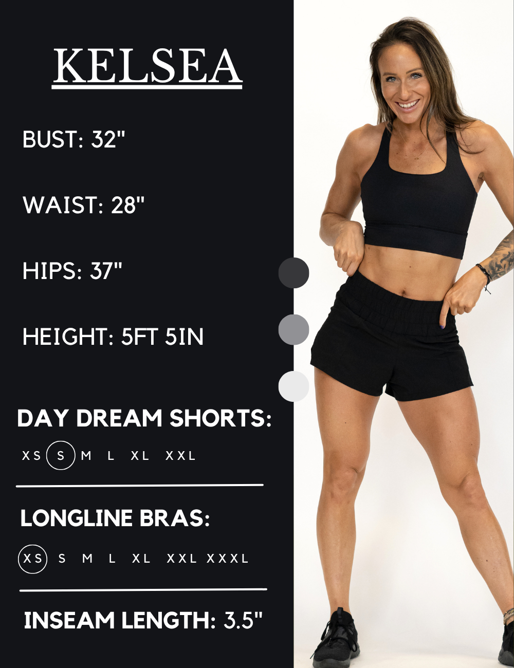 Model’s measurements of 32” bust, 28” waist, 37” hips and height of 5 ft 5 inches. She is wearing a size small in our day dream shorts