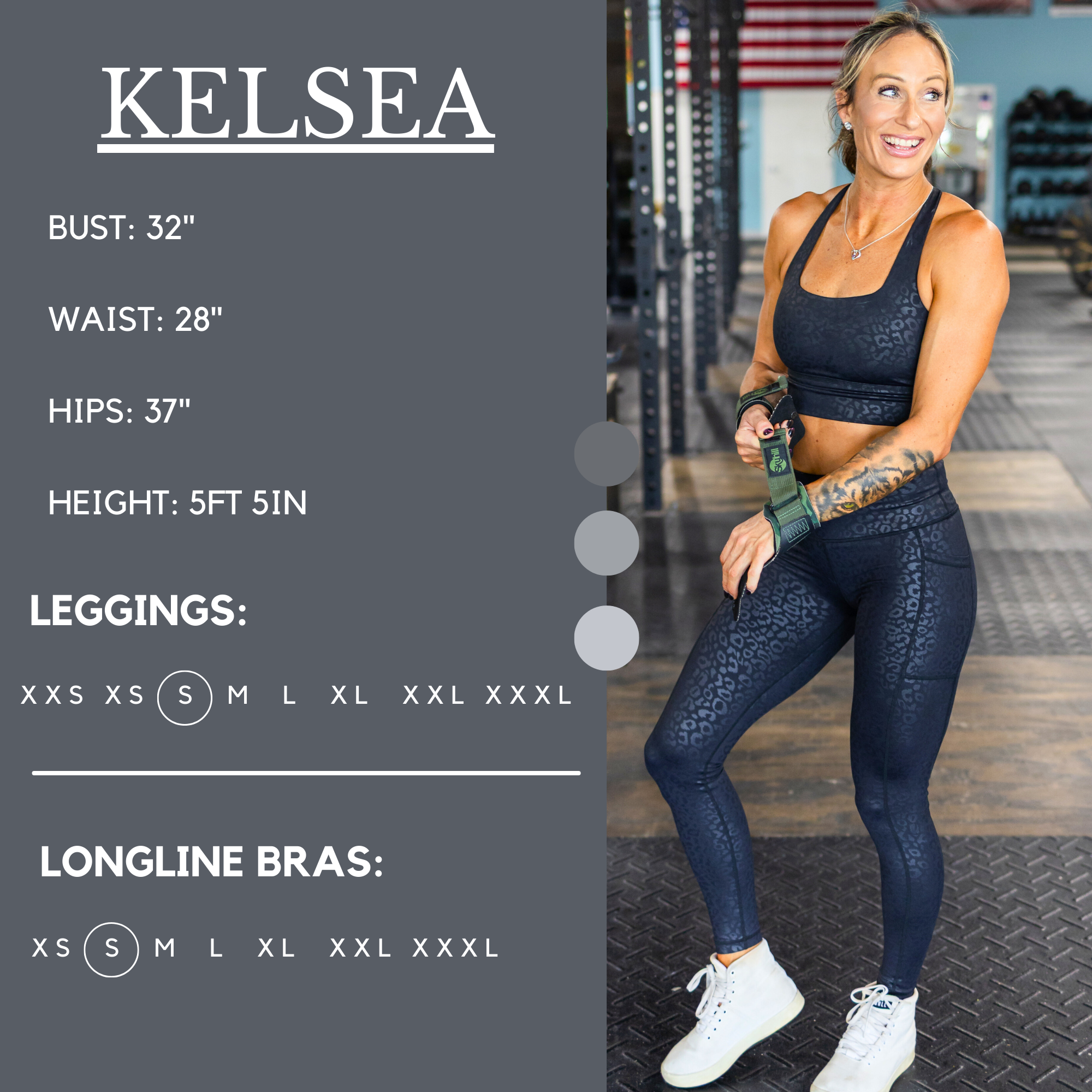 Graphic of an athletes measurements. Kelsea has a bust of 32", waist of 28", hips of 37", and is 5ft 5inches. She wears an S  in our leggings.
