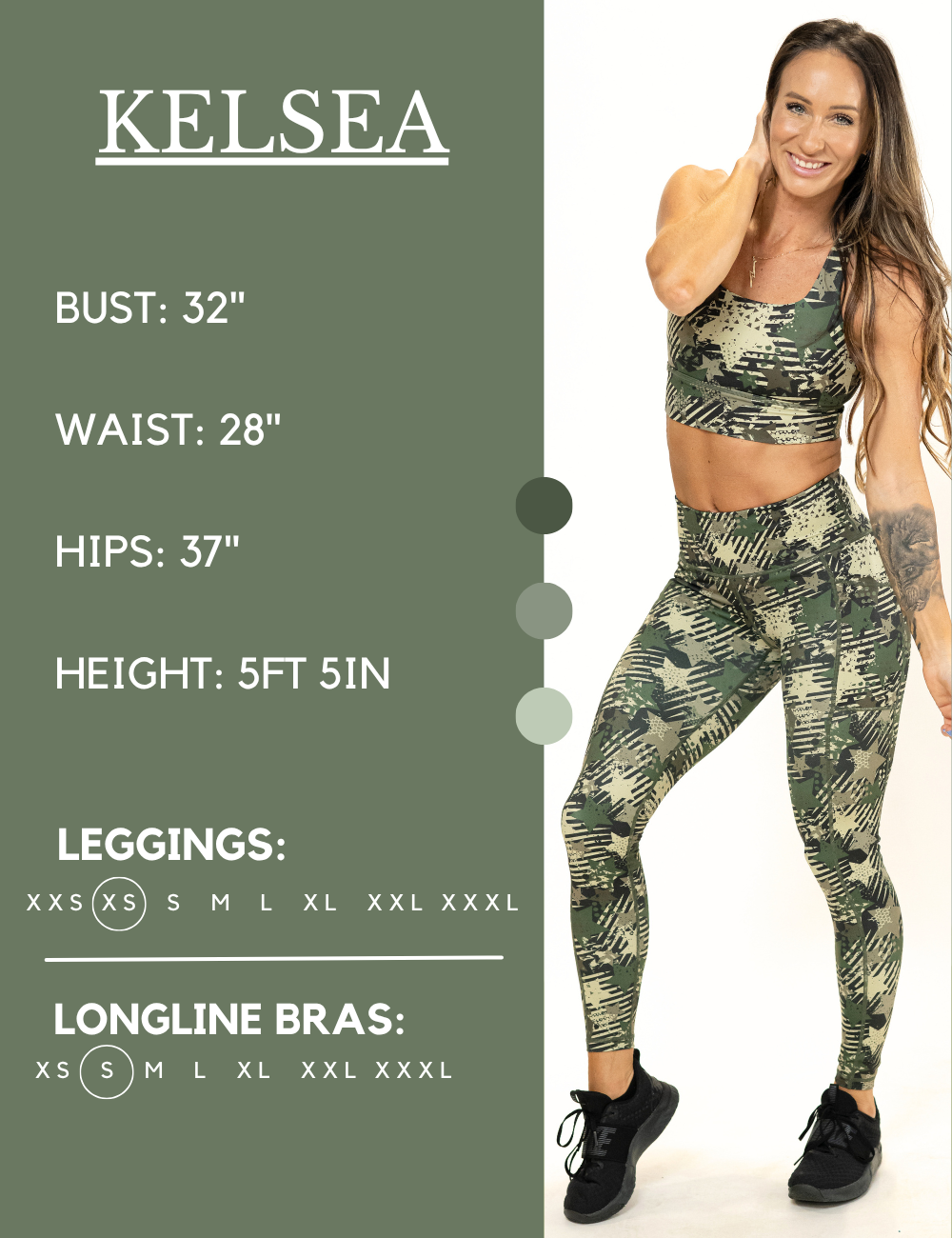 Model’s measurements of 32” bust, 28” waist, 37” hips and height of 5 ft 5 inches. She is wearing a size extra small in our leggings