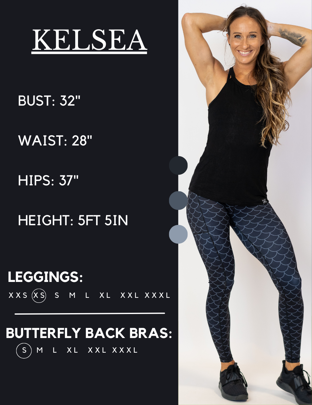 Model’s measurements of 32” bust, 28” waist, 37” hips and height of 5 ft 5 inches. She is wearing a size small in our leggings