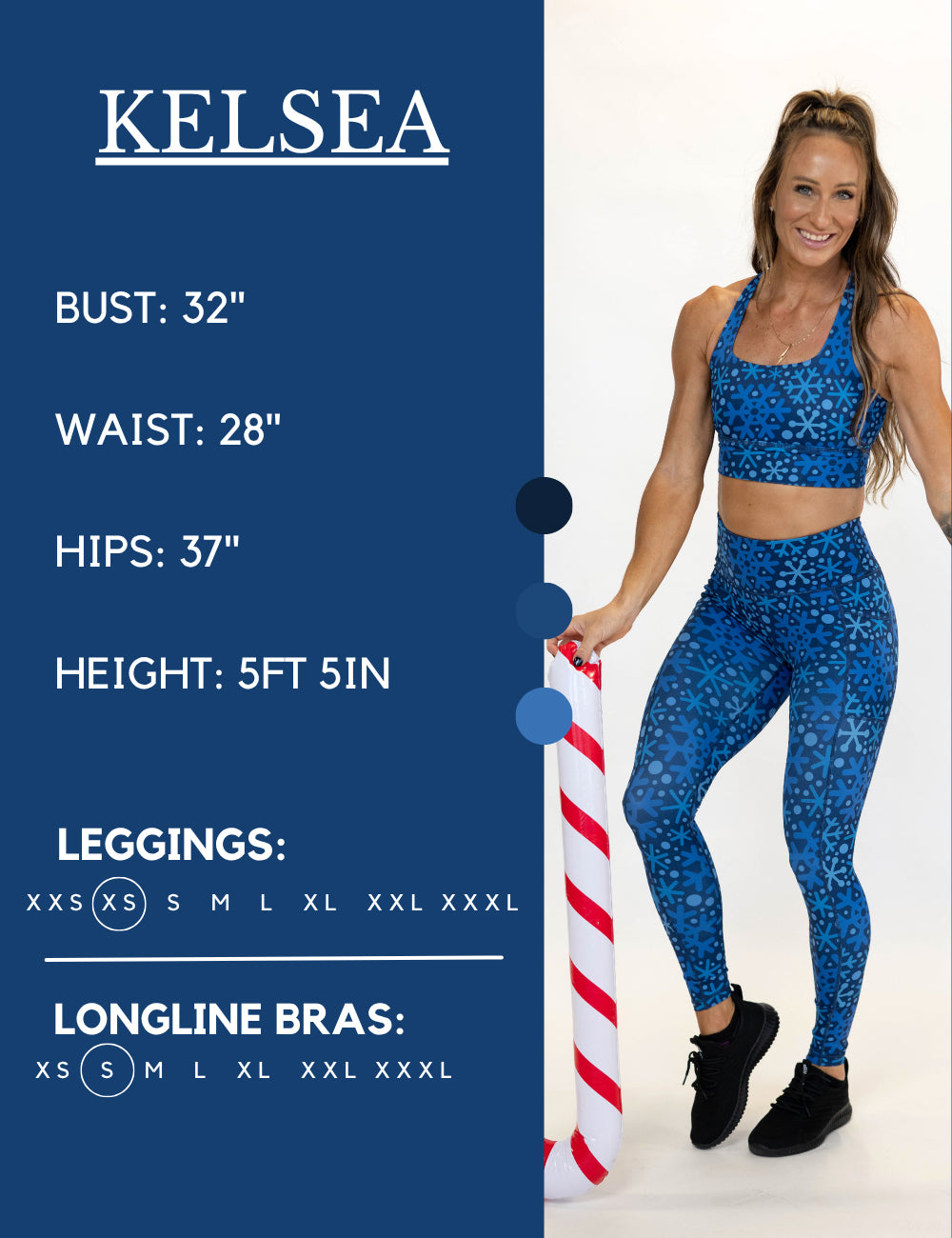 Model’s measurements of 32” bust, 28” waist, 37” hips and height of 5 ft 5 inches. She is wearing a size extra small in our leggings
