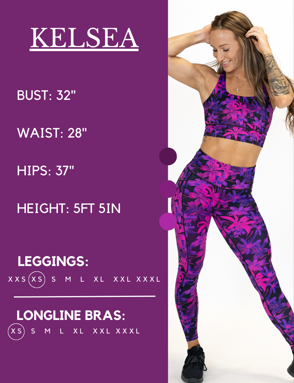 Model’s measurements of 32” bust, 28” waist, 37” hips and height of 5 ft 5 inches. She is wearing a size extra small in our leggings