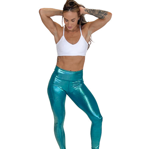 model wearing full length mermaid shine leggings