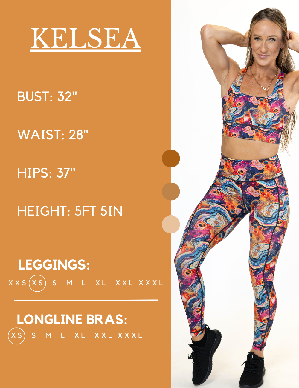 Model’s measurements of 32” bust, 28” waist, 37” hips and height of 5 ft 5 inches. She is wearing a size extra small in our leggings