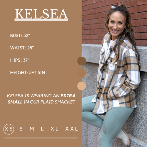 Model's measurements of 32 inch bust, 28 inch waist, 37 inch hips, and height of 5 foot 5 inches. She is wearing a size extra small in this plaid shacket