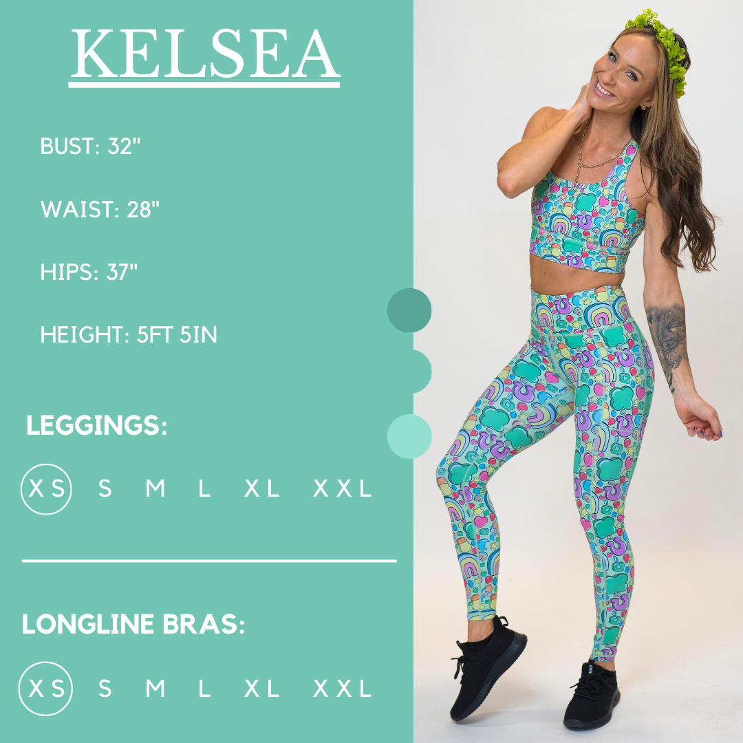 Model’s measurements of 32” bust, 28” waist, 37” hips and height of 5 ft 5 inches. She is wearing a size extra small in our leggings