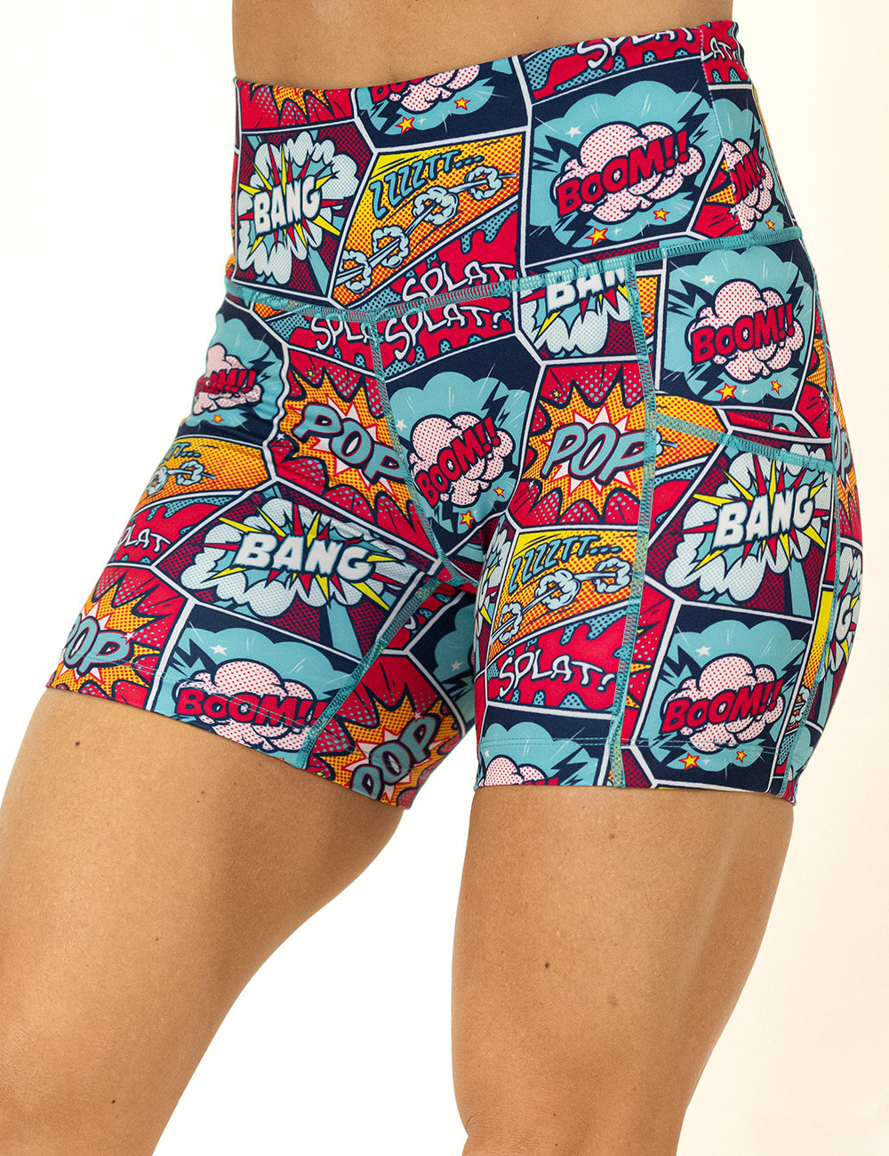 front of the 5 inch pop art inspired shorts against a white background