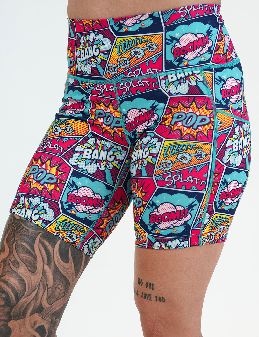 front of the 7 inch pop art inspired shorts against a white background