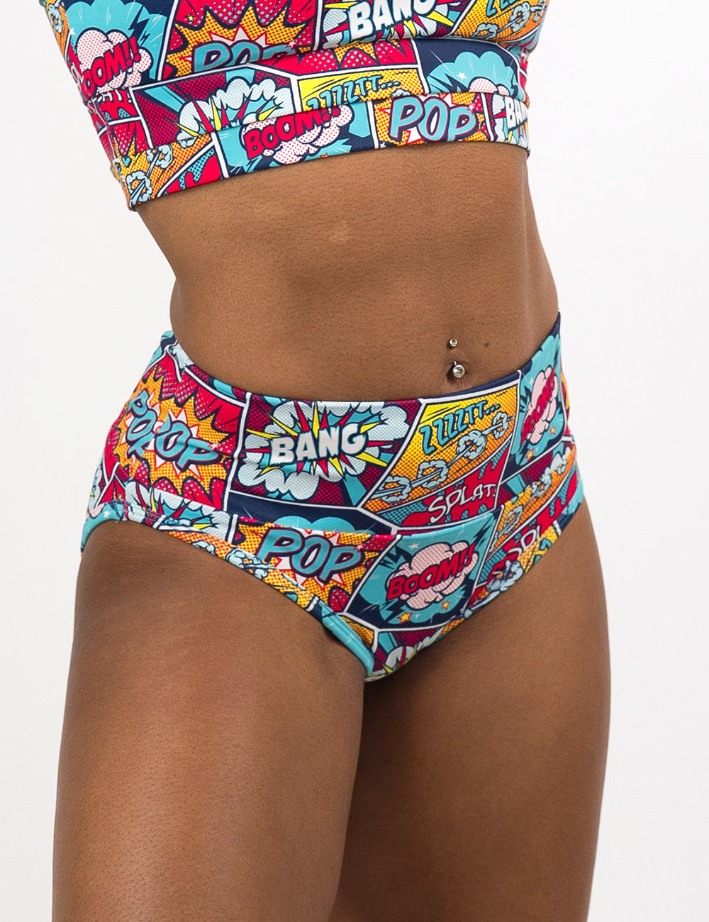 front of the comic book panel inspired swimsuit bottom against a white background