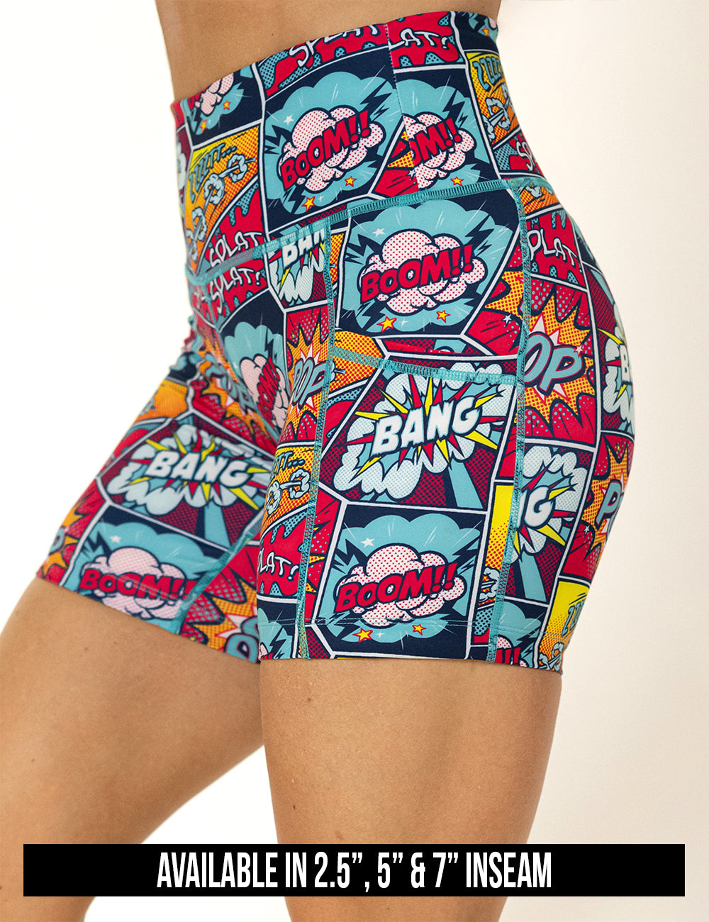 available inseam lengths for the pop art inspired shorts. Lengths include 2.5, 5, and 7 inches