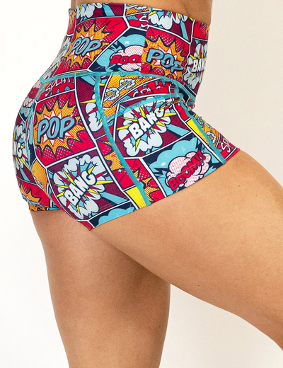 side view of 2.5 inch pop art inspired shorts