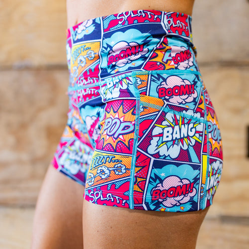 Colorful comic book patterned gym shorts