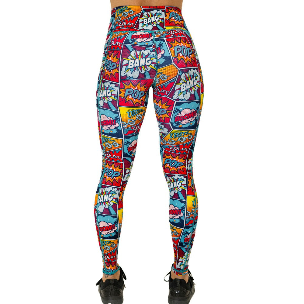 back view of full length colorful comic book style action bubble sayings patterned leggings