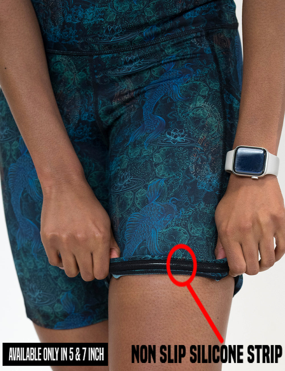 close up of the  stenciled koi pattern against a blue background shorts rolled up to show the non silicone strip found in the 5 and 7 inch shorts