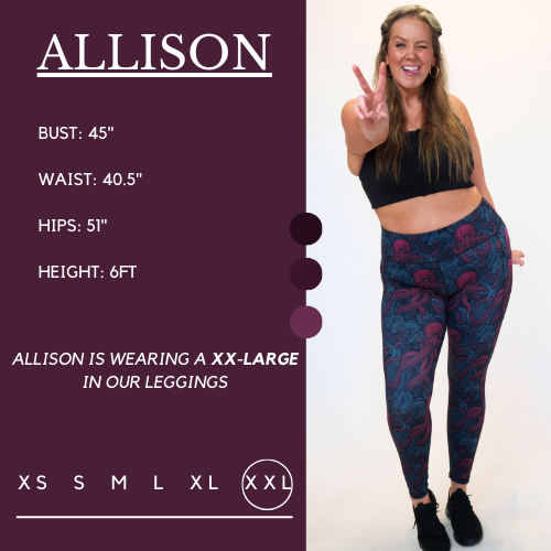 Model's measurements of 45 inch bust, 40.5 inch waist, 51 inch hips, and height of 6 foot. She is wearing a size double extra large in these leggings