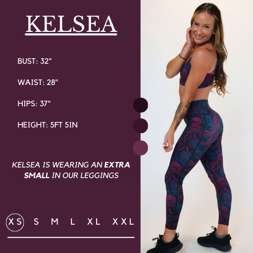 Model’s measurements of 32” bust, 28” waist, 37” hips and height of 5 ft 5 inches. She is wearing a size extra small in our leggings