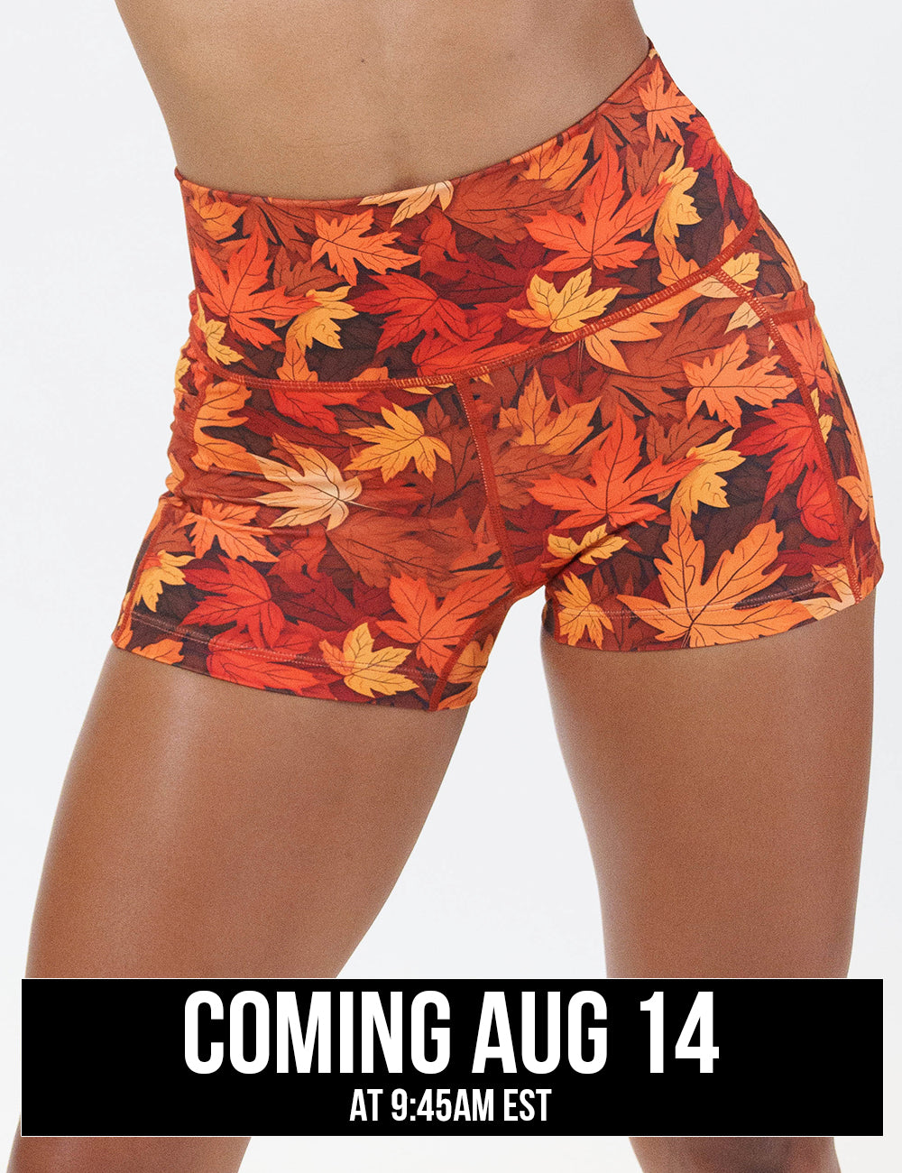 front of the 2.5 inch orange leaves shorts against a white background coming august 14th