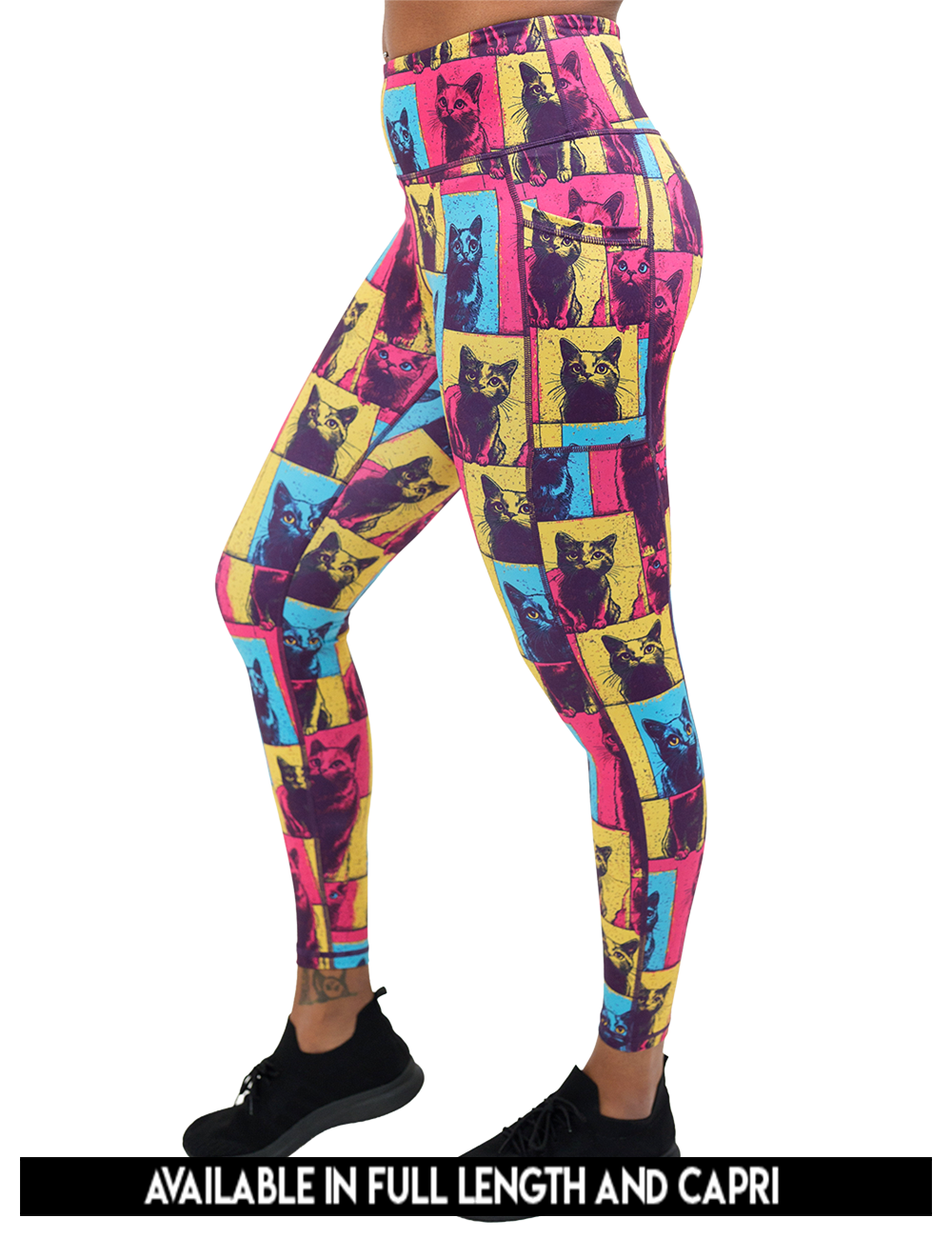available lengths for the red, blue, and yellow cat patchwork print leggings, lengths include capri and full length