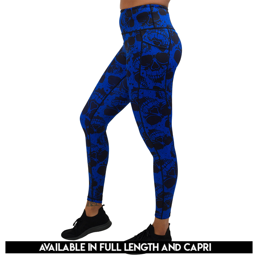 available lengths for the dark skulls against a blue background pattern leggings, lengths include full length and capri