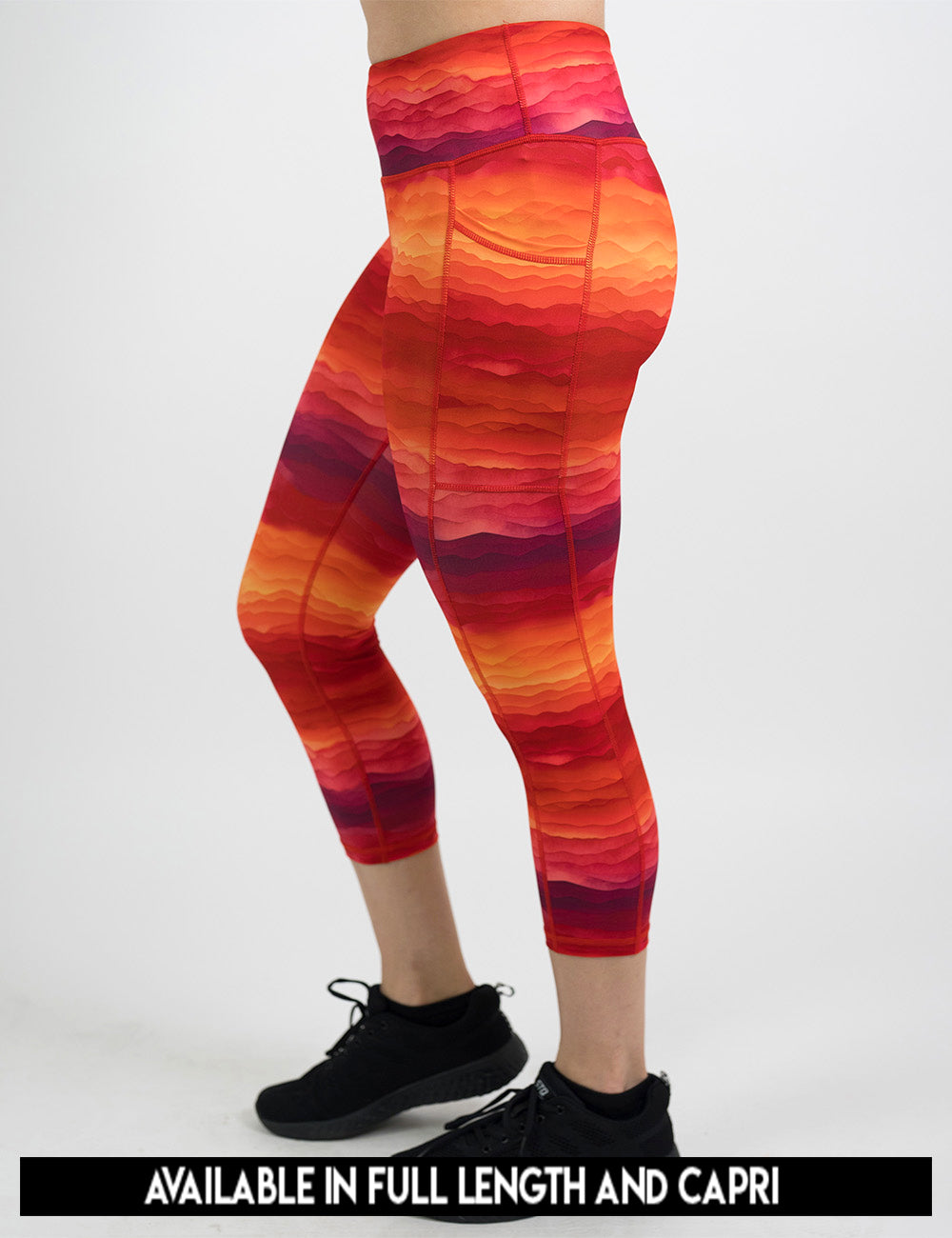 available lengths for the orange, red, and yellow sunset stripes pattern leggings, lengths include full length and capri