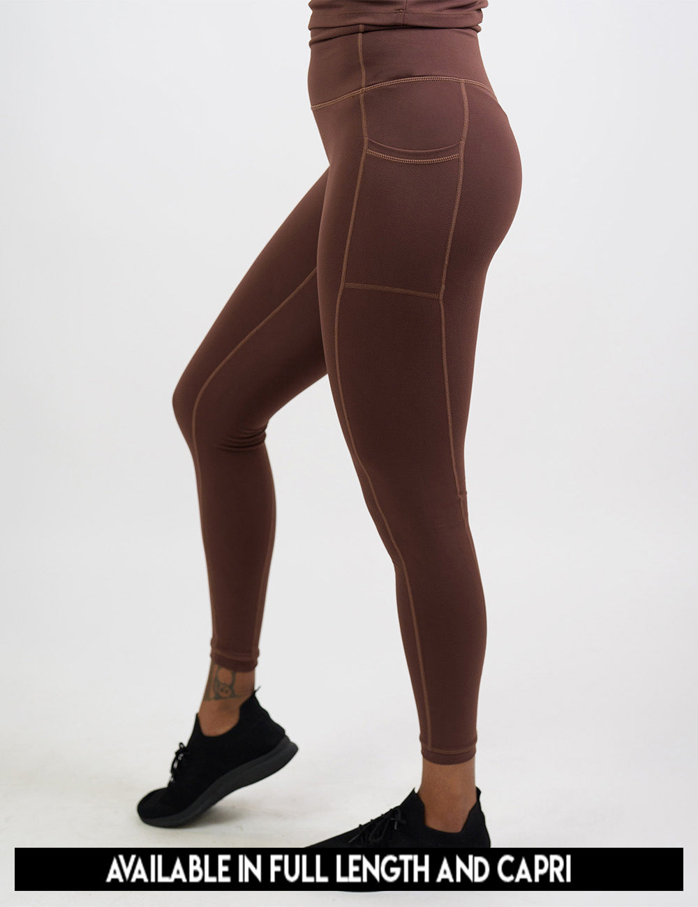available lengths for the solid light brown leggings, lengths include full length and capri