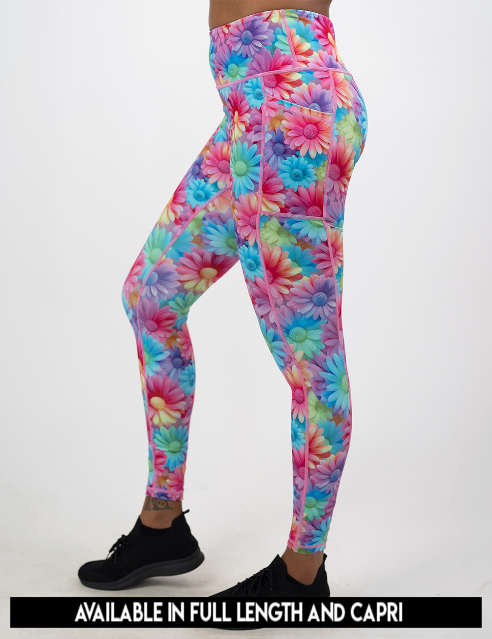 available lengths for the colorful flower pattern leggings against a white background, lengths that are available are full length and capri