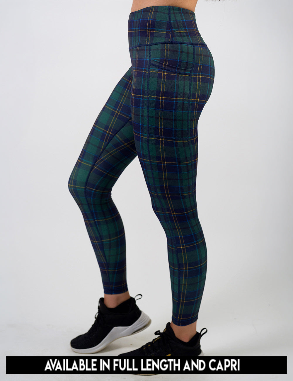 available lengths for the blue, green, and yellow plaid leggings, lengths include full length and capri
