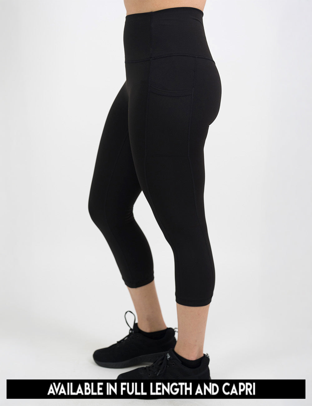 available lengths for the all black essential style leggings, lengths include full length and capri