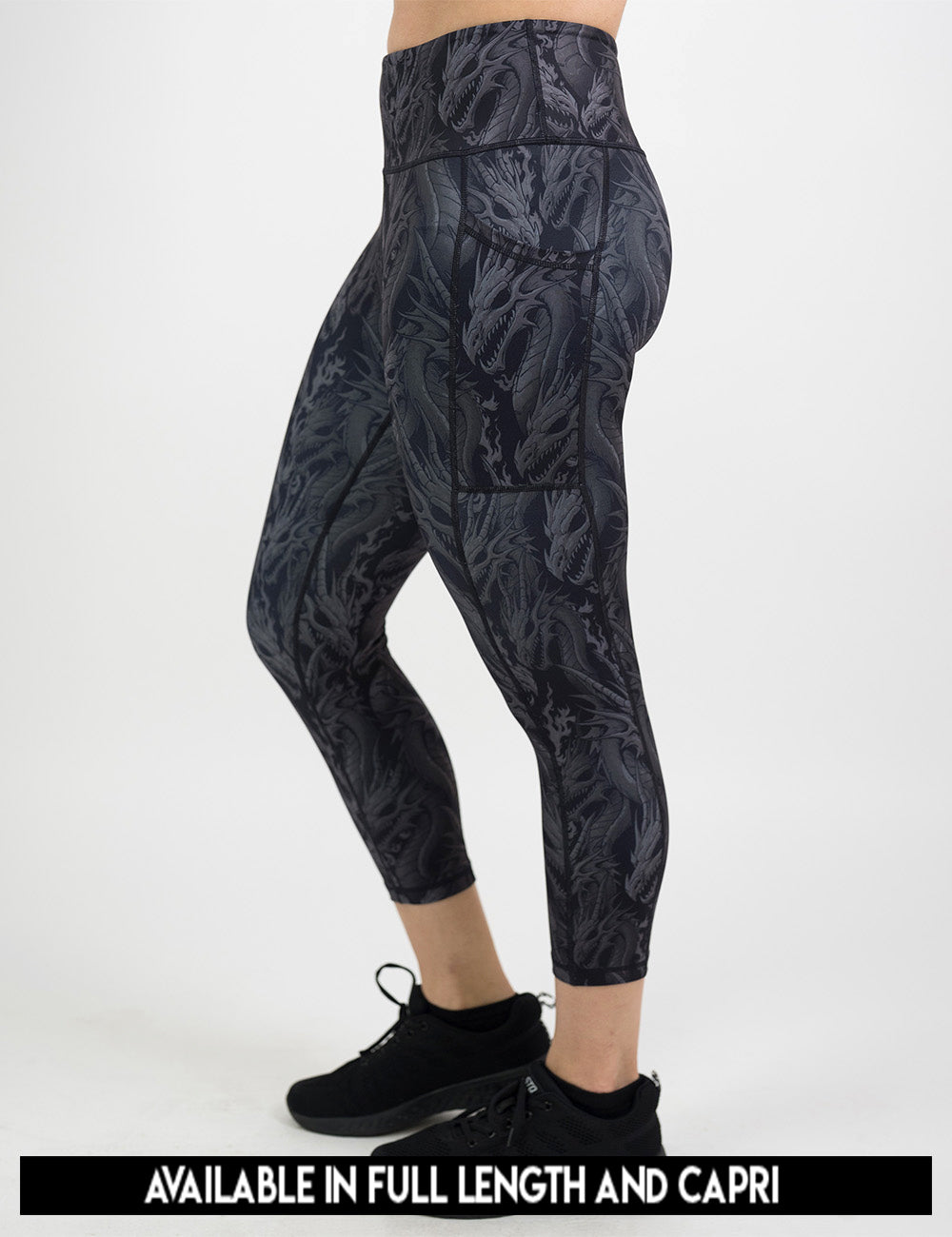available lengths for the black leggings with grey dragons, lengths include full length and capri