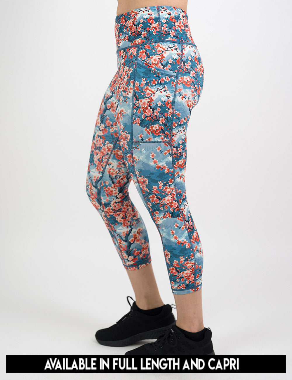 available lengths for the cherry blossom tree leggings, lengths include full length and capri