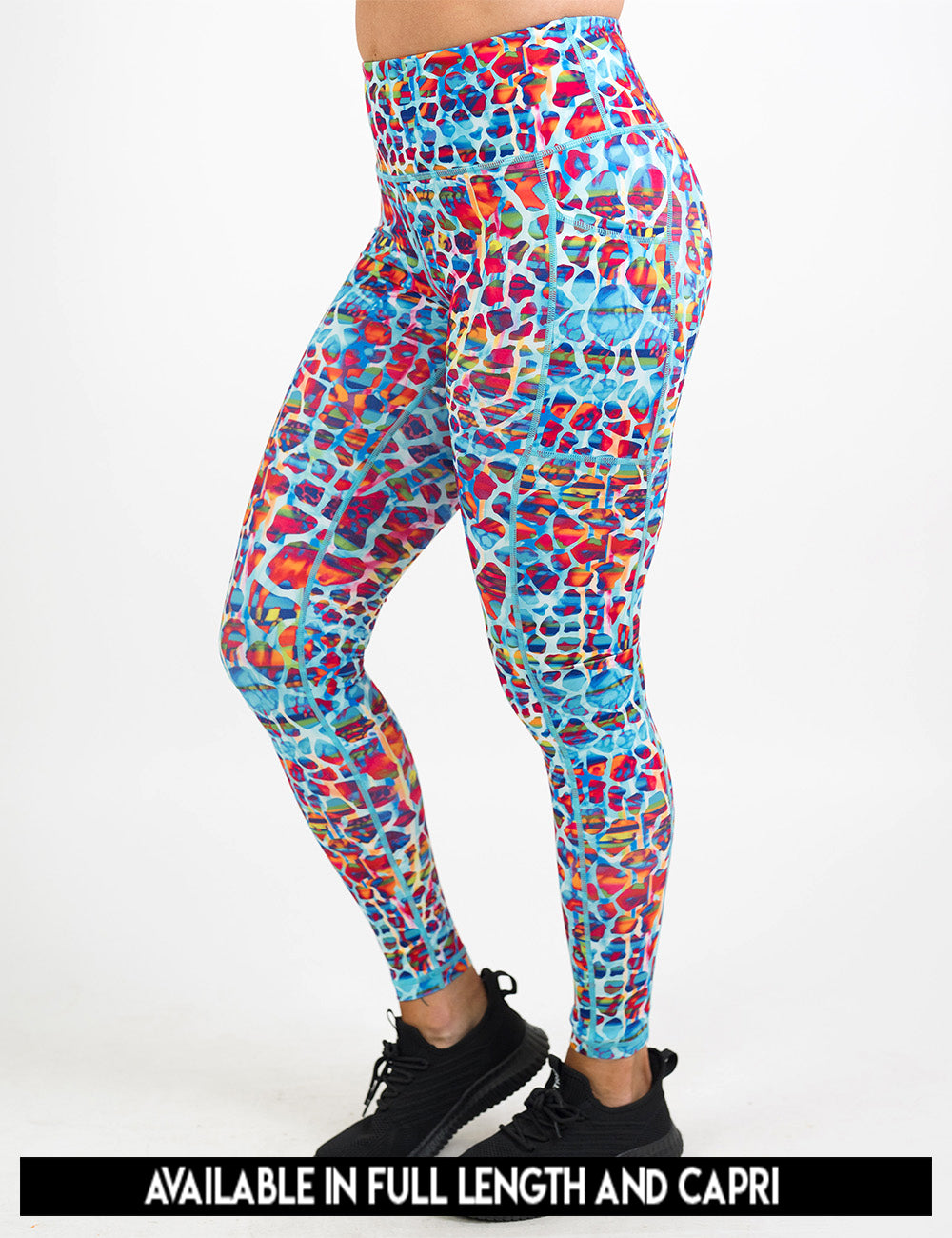 available lengths for the turquoise, coral, pink, orange, purple, and yellow mosaic style pattern leggings, lengths include full length and capri