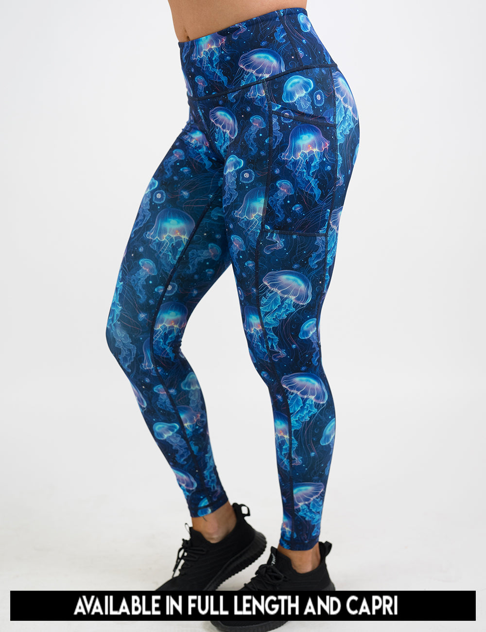 available lengths for the blue jelly fish pattern leggings, lengths include full length and capri
