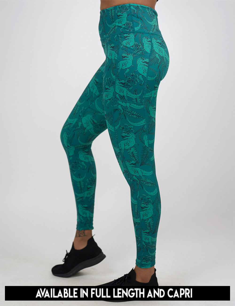available lengths for the teal t-rex pattern leggings, lengths include full length and capri