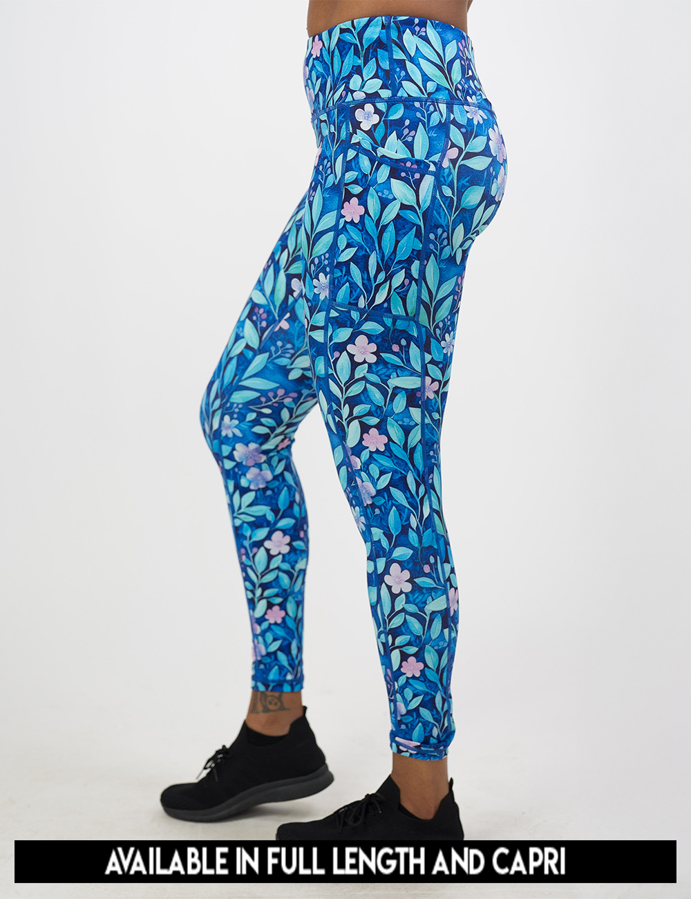 the available lengths for the blue flowers and vines leggings, lengths available include full length and capri