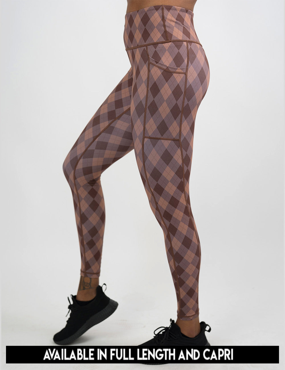 available lengths for the grey, beige, and dark red plaid leggings, lengths include full length and capri