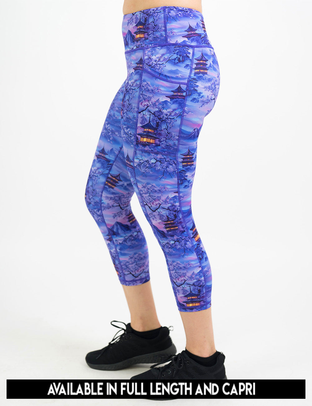 available lengths for the lavender and blue floral full length leggings featuring traditional pagodas and blooming cherry trees, lengths include full length and capri
