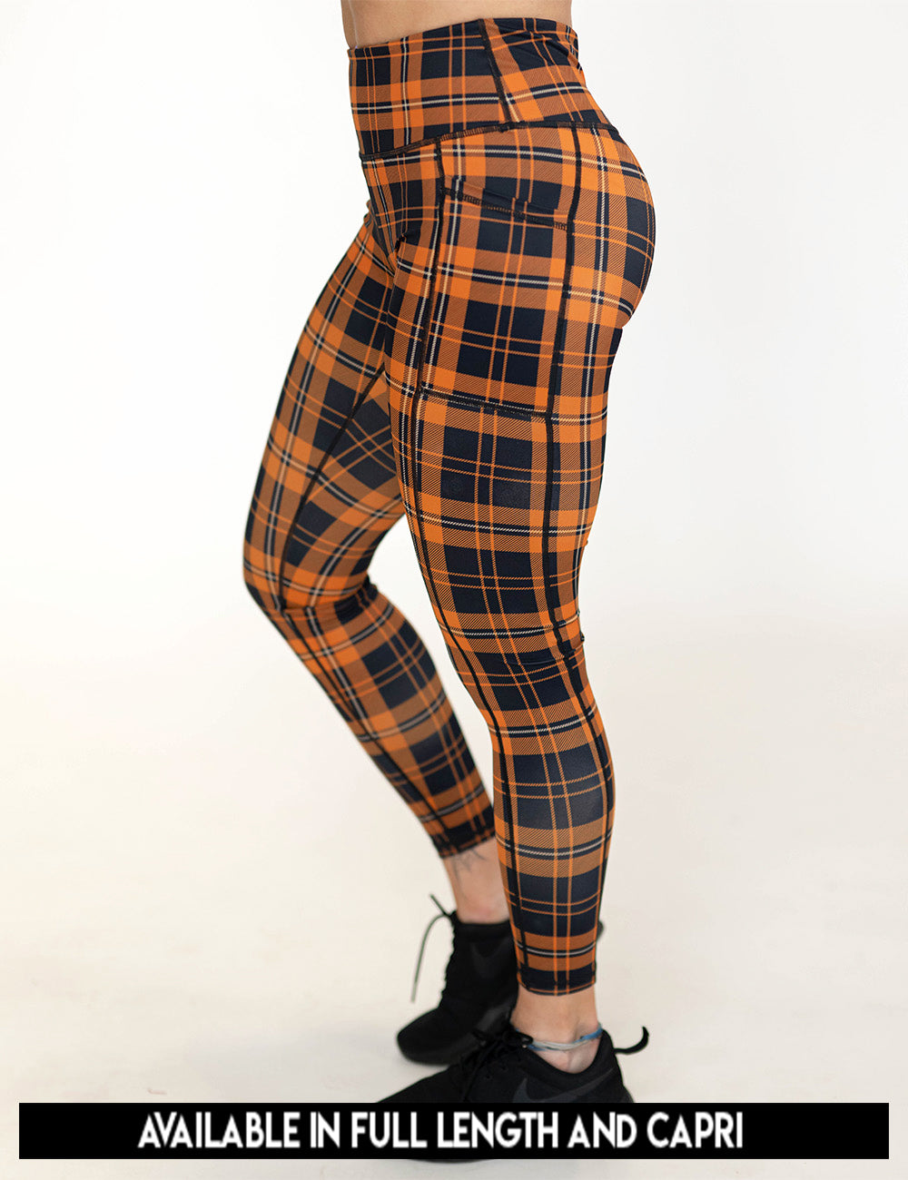 available lengths for the black and orange plaid leggings, lengths include full length and capri