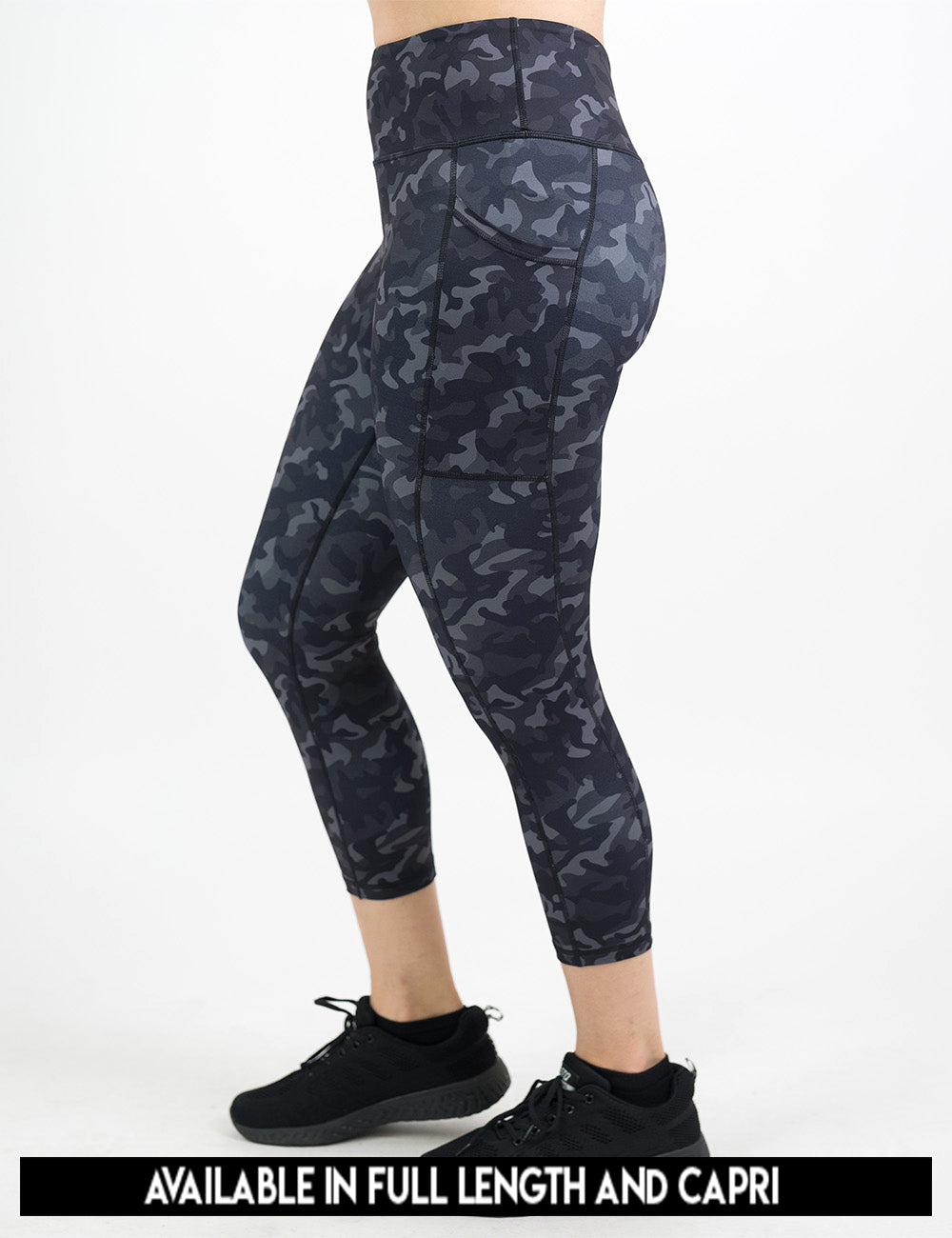 available lengths for the black camo print leggings, lengths include full length and capri