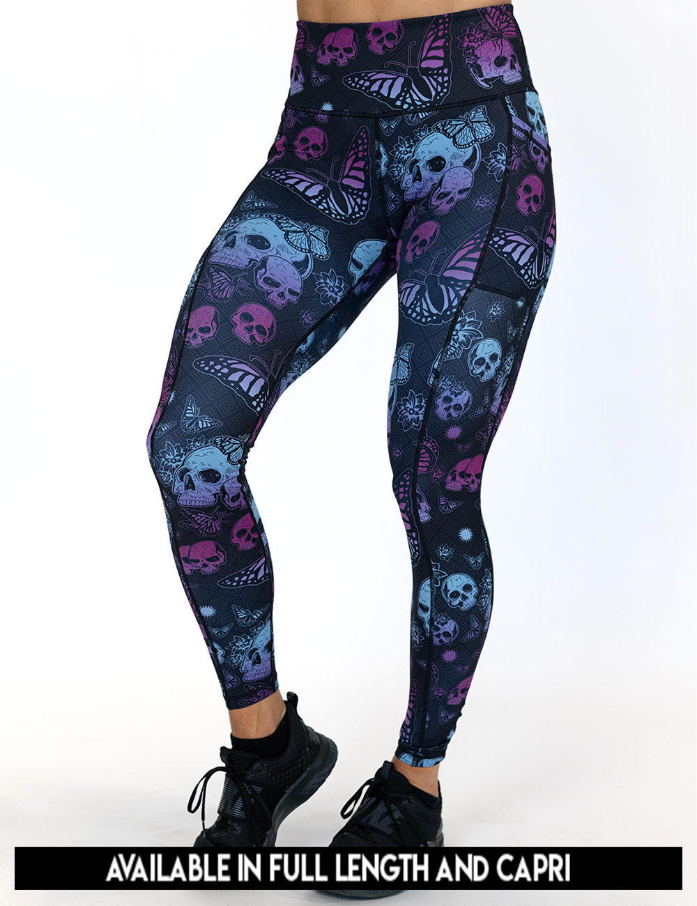 available lengths for the blue and purple skulls surrounded by butterflies leggings, lengths include capri and full length