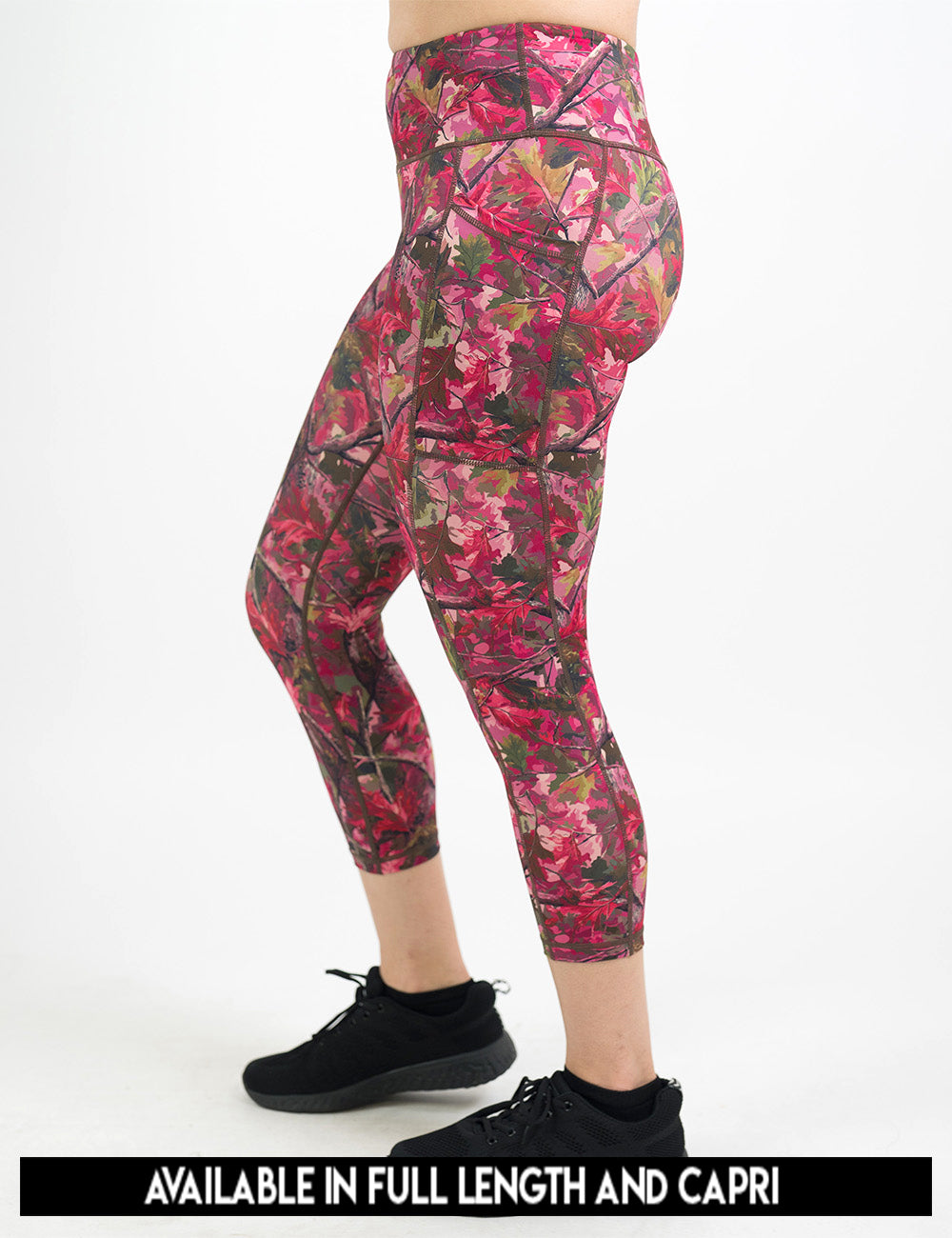 available lengths for the pink forest camo leggings, lengths include full length and capri