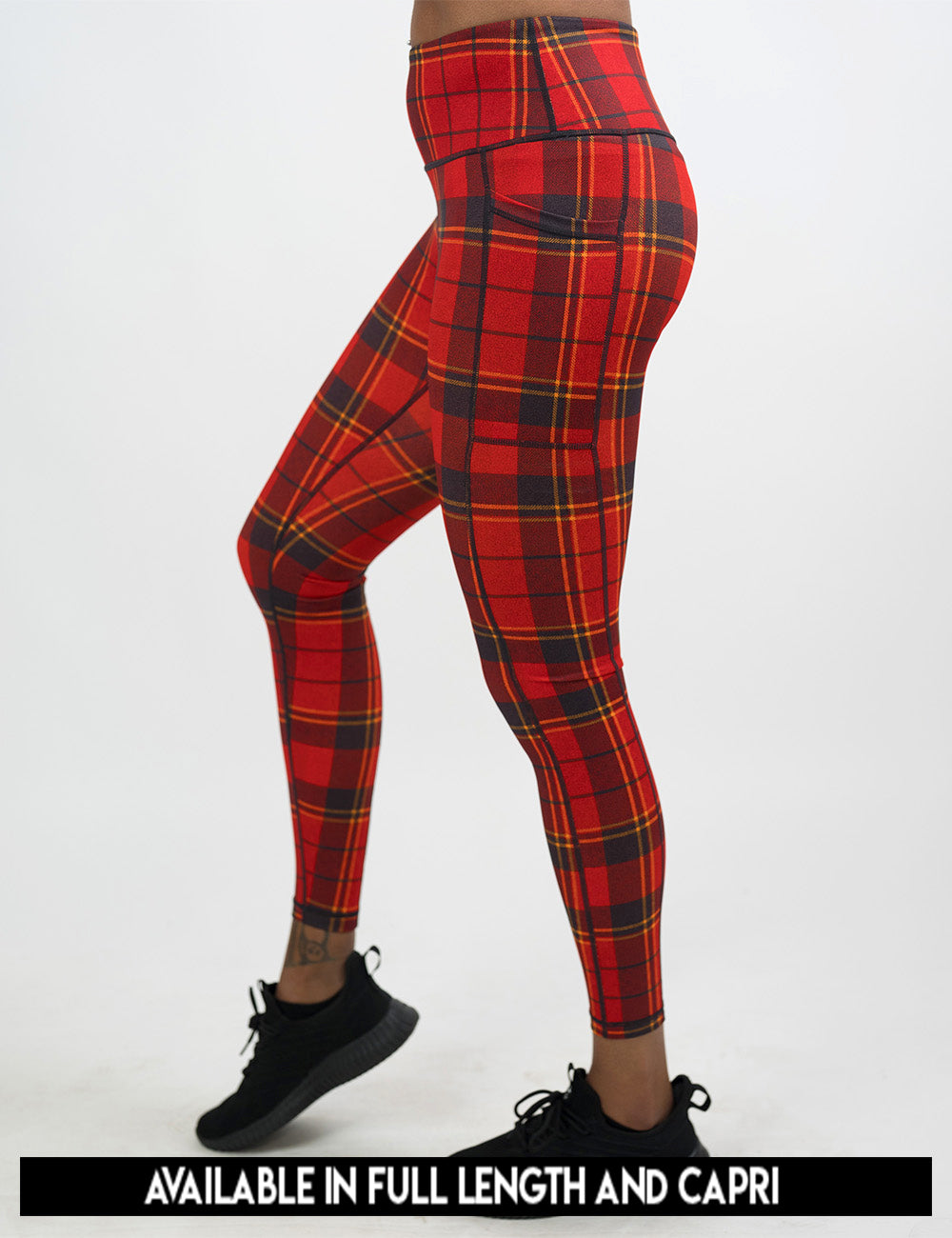 available lengths for the red, yellow, and dark grey plaid leggings, lengths include full length and capri