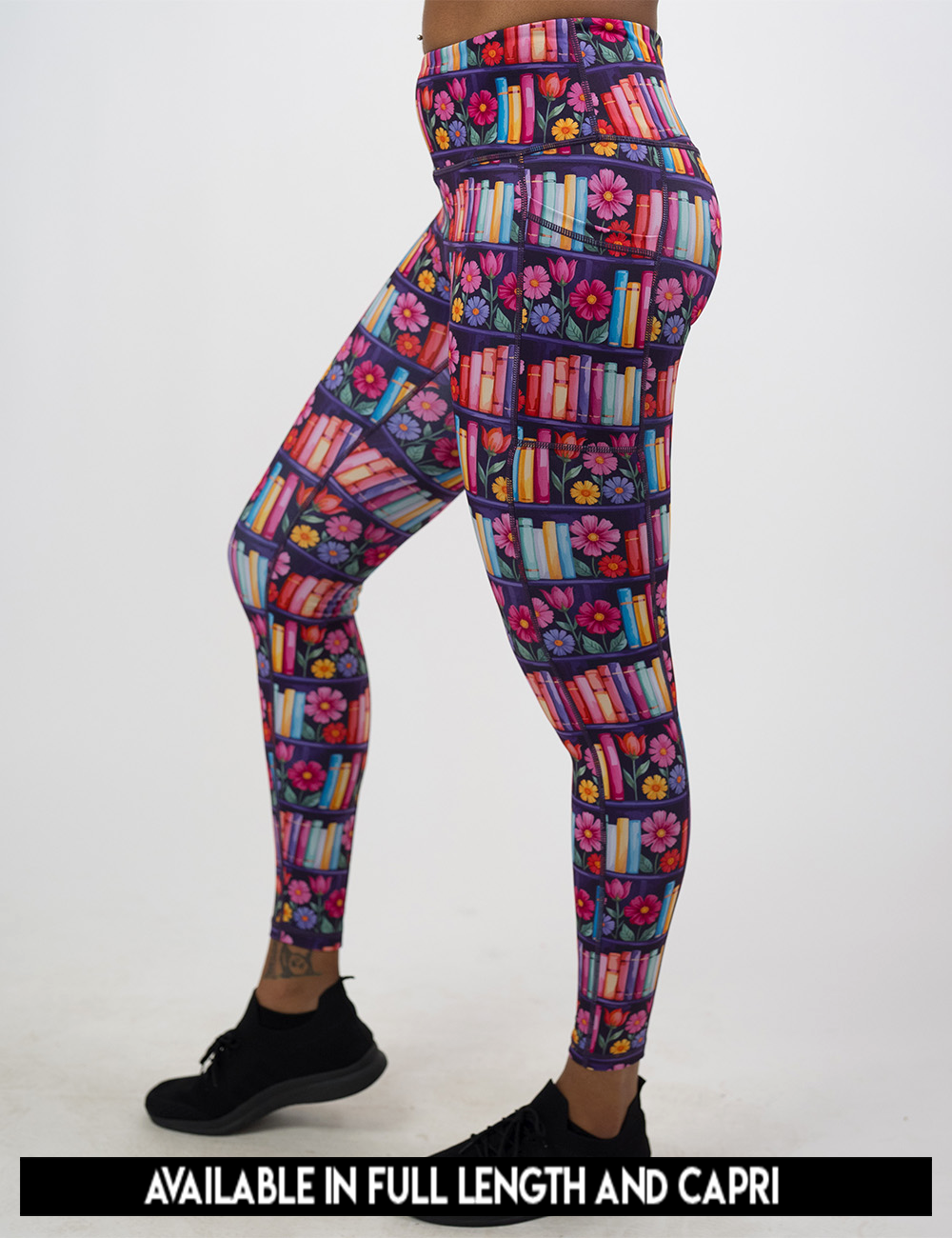 available lengths for the brightly colored books and flowers leggings, lengths available are full length and capri