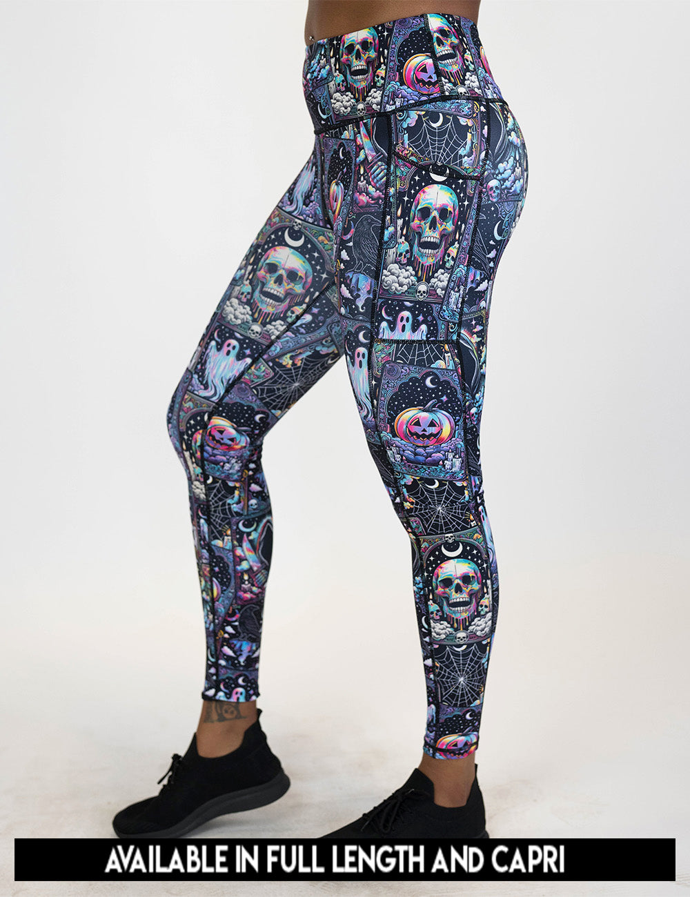 available lengths for the rainbow skulls, jack o lantern, and ghosts leggings, lengths include full length and capri
