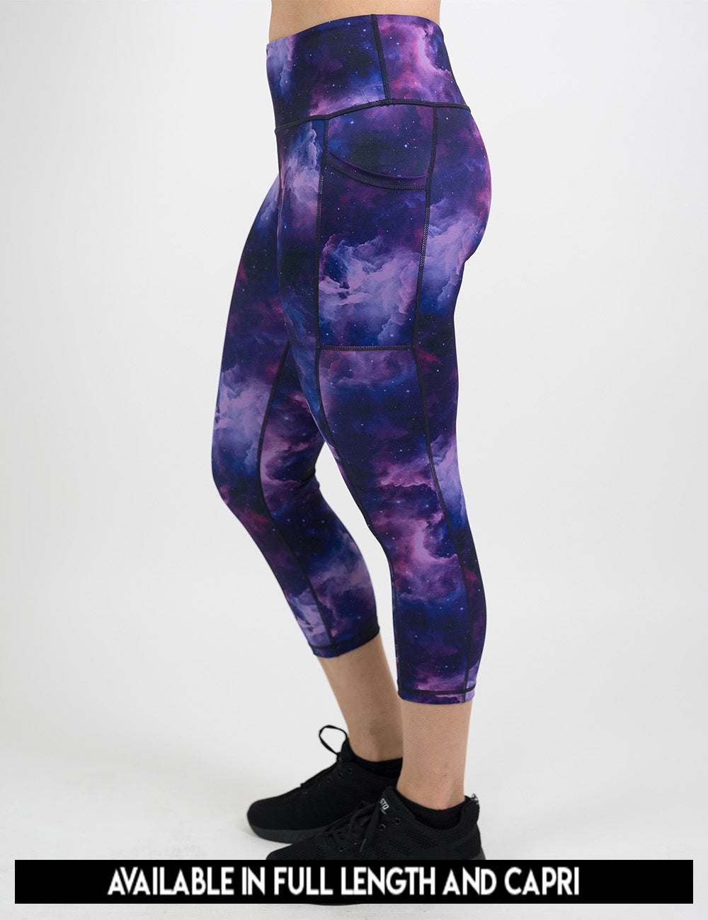 close up of the purple space patterned leggings, lengths include full length and capri